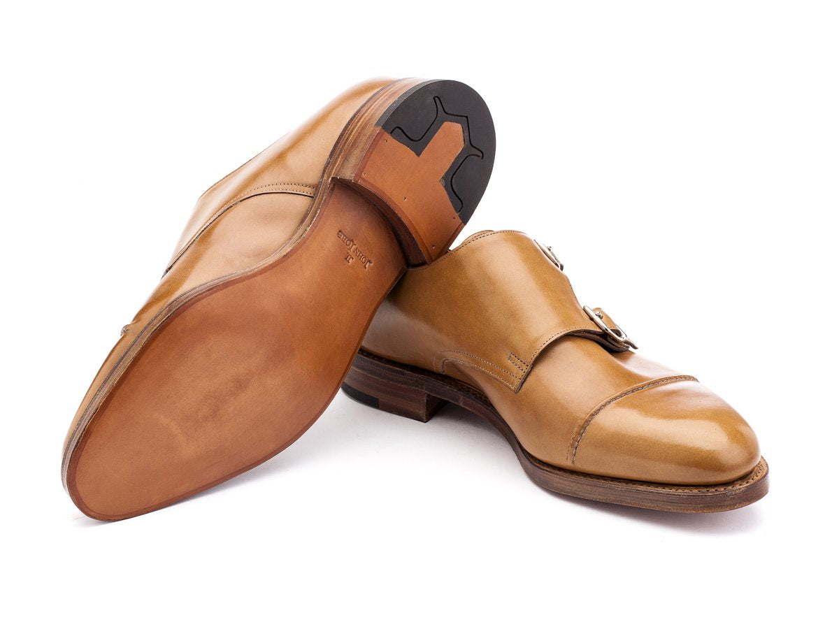Classic leather sole of EE width John Lobb William II captoe double monk strap shoes in ardilla misty calf