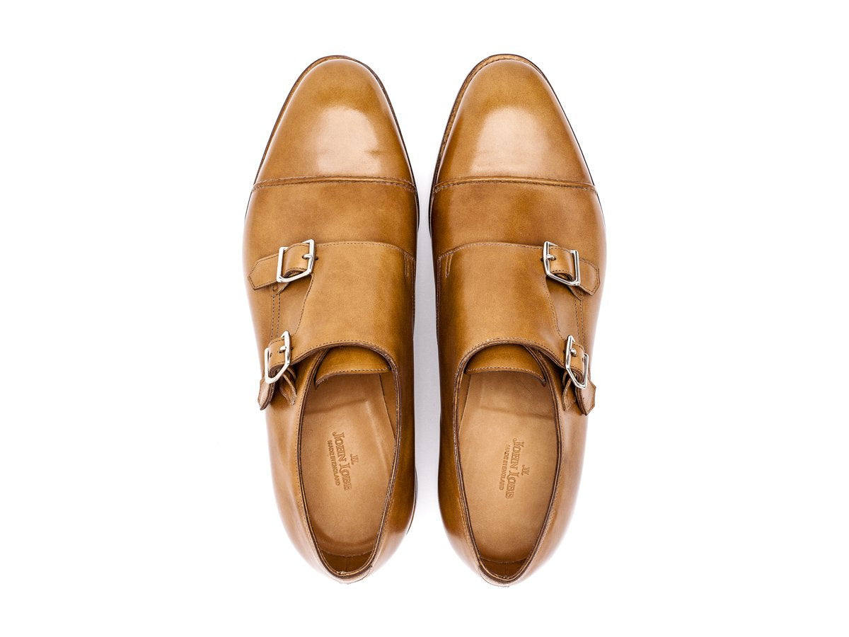 Top view of EE width John Lobb William II captoe double monk strap shoes in ardilla misty calf