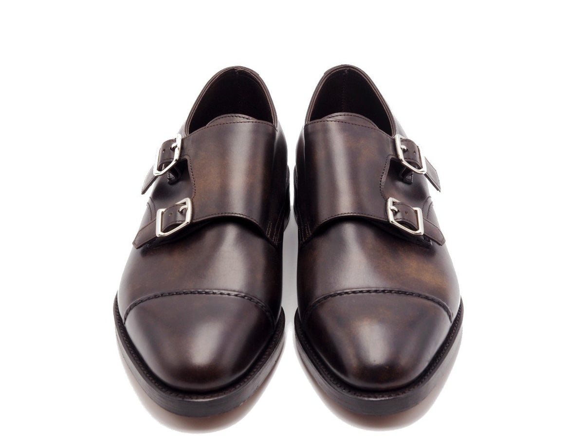 Front view of John Lobb William II captoe double monk strap shoes in dark brown museum calf