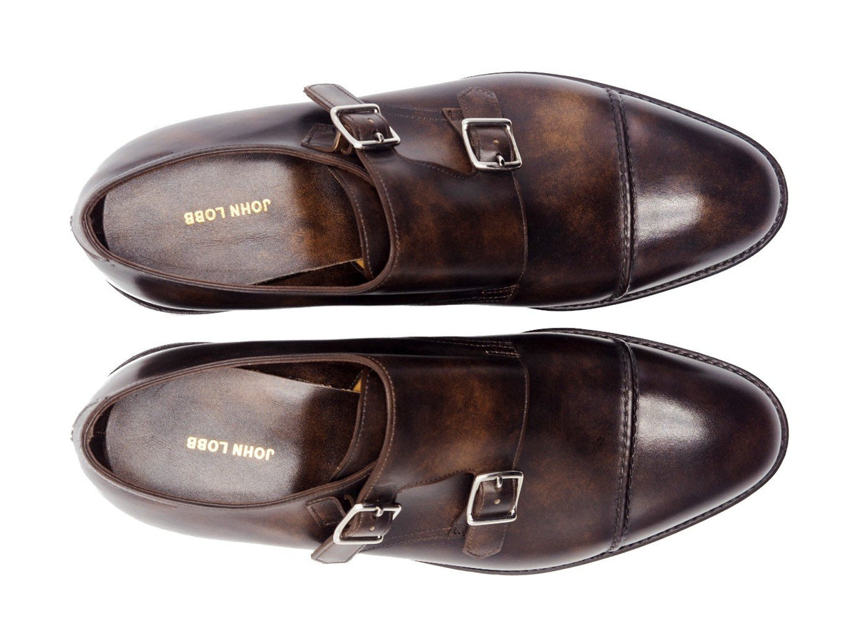 Top view of John Lobb William II captoe double monk strap shoes in dark brown museum calf