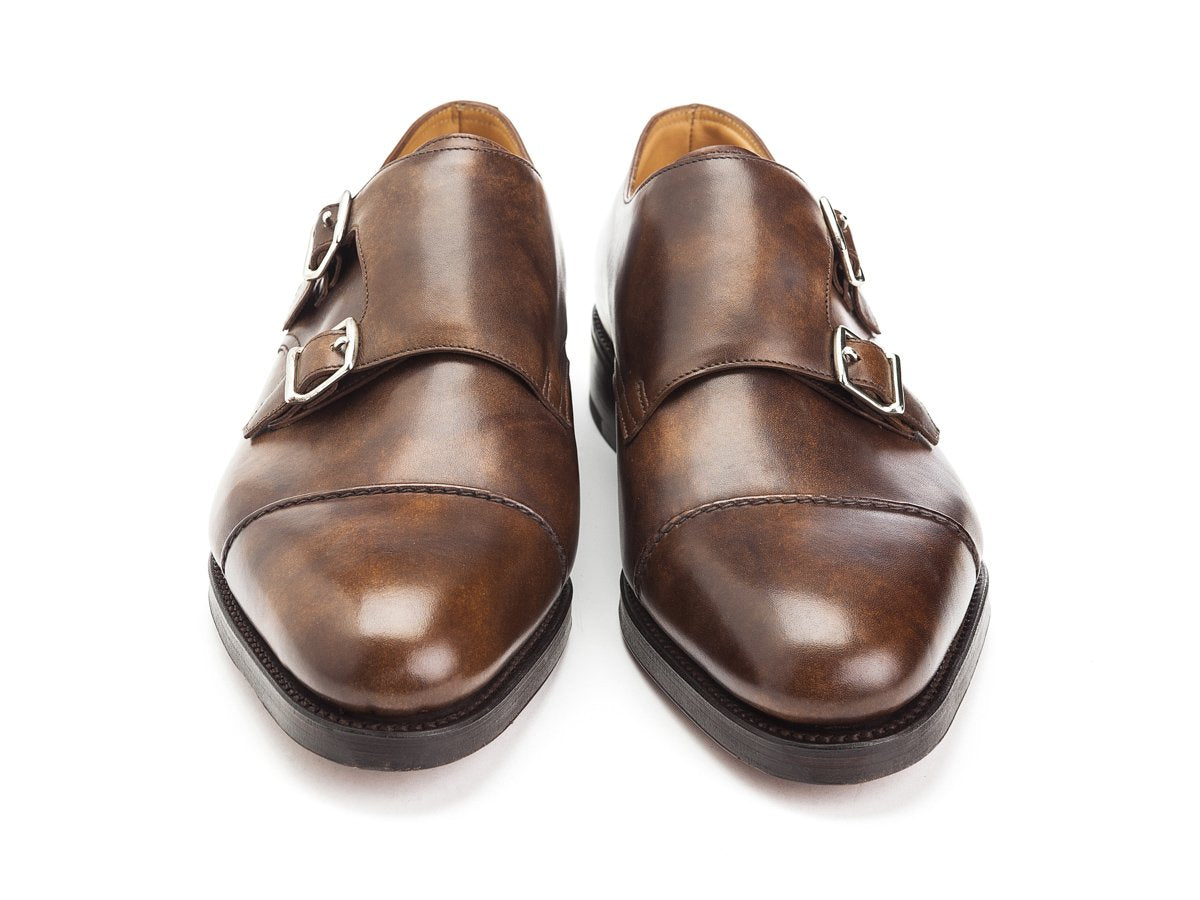 Front view of John Lobb William II captoe double monk strap shoes in parisian brown museum calf