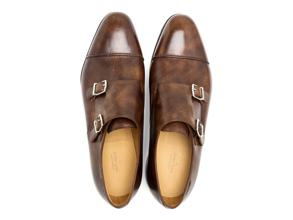 Top view of John Lobb William II captoe double monk strap shoes in parisian brown museum calf