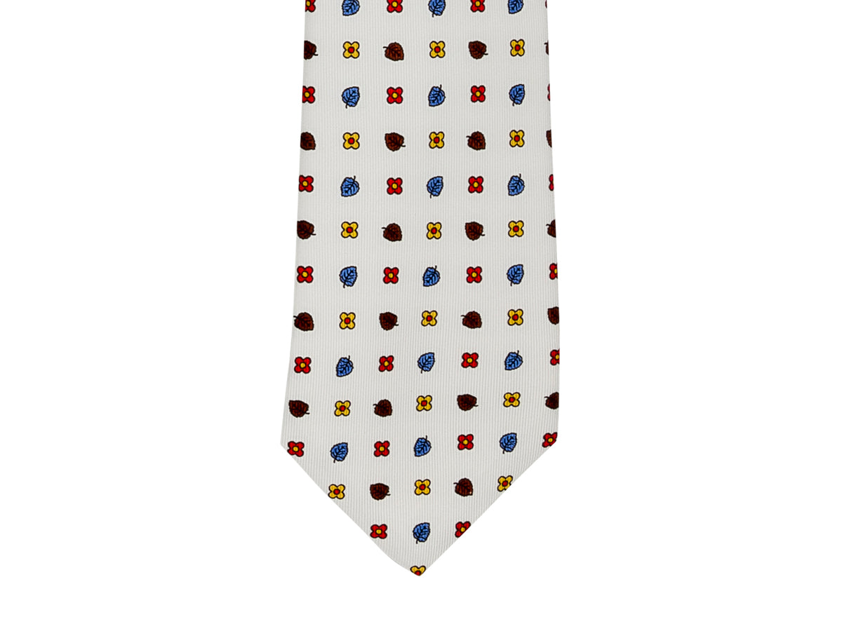 Five Fold Silk Tie White Leaf Floral