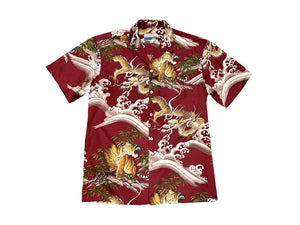 Aloha Shirt Cotton Dragons & Tigers Crimson Red