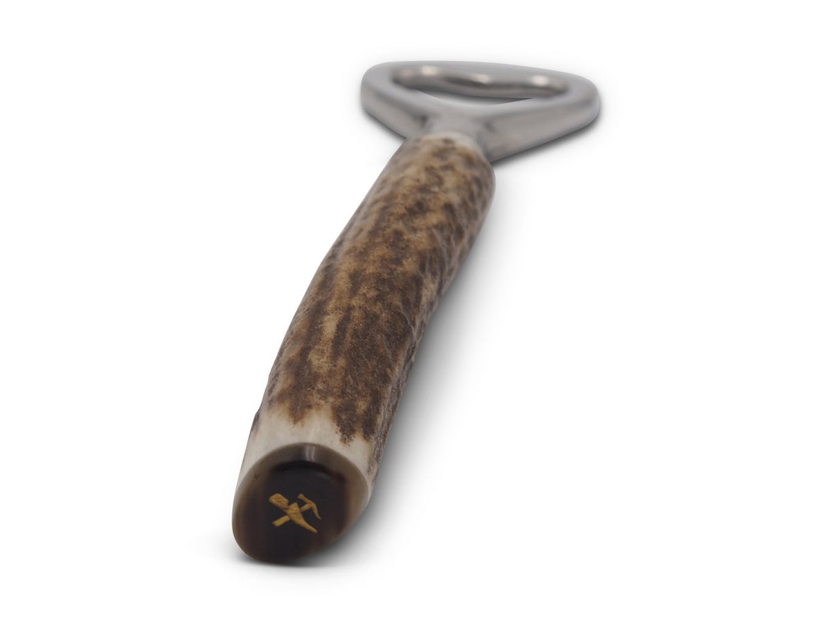 Close up view of Double Monk logo on Abbeyhorn stag horn bottle opener