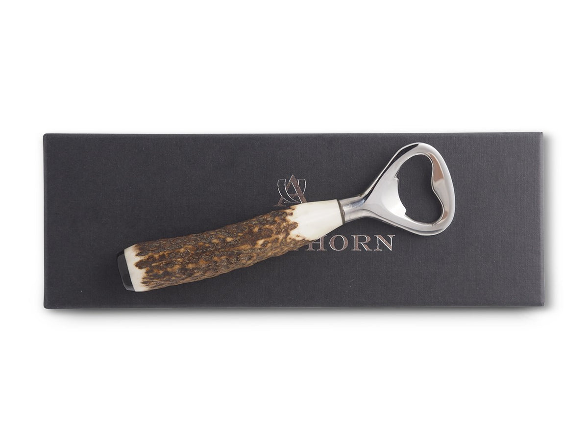 Abbeyhorn stag horn bottle opener on top of box