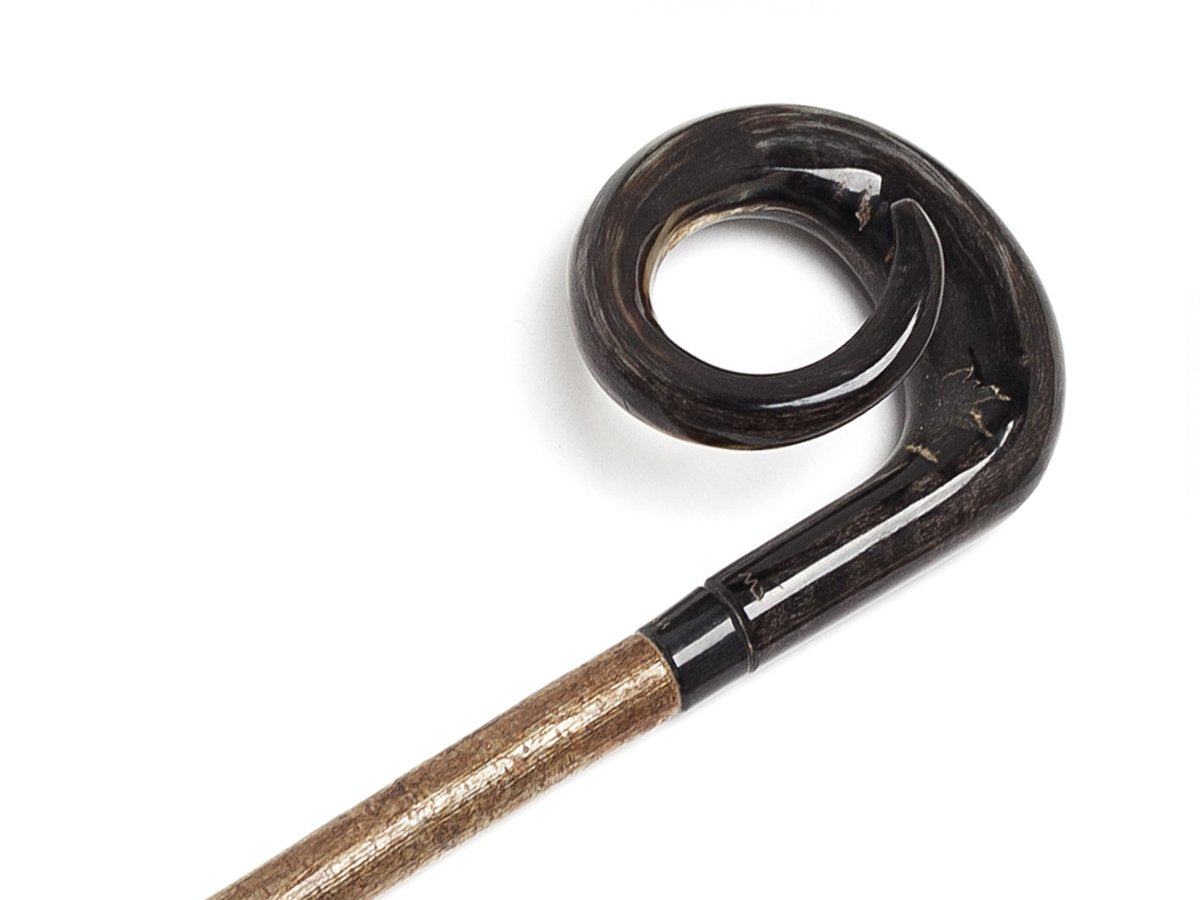 Close up view of dark coloured curly ramshorn handle