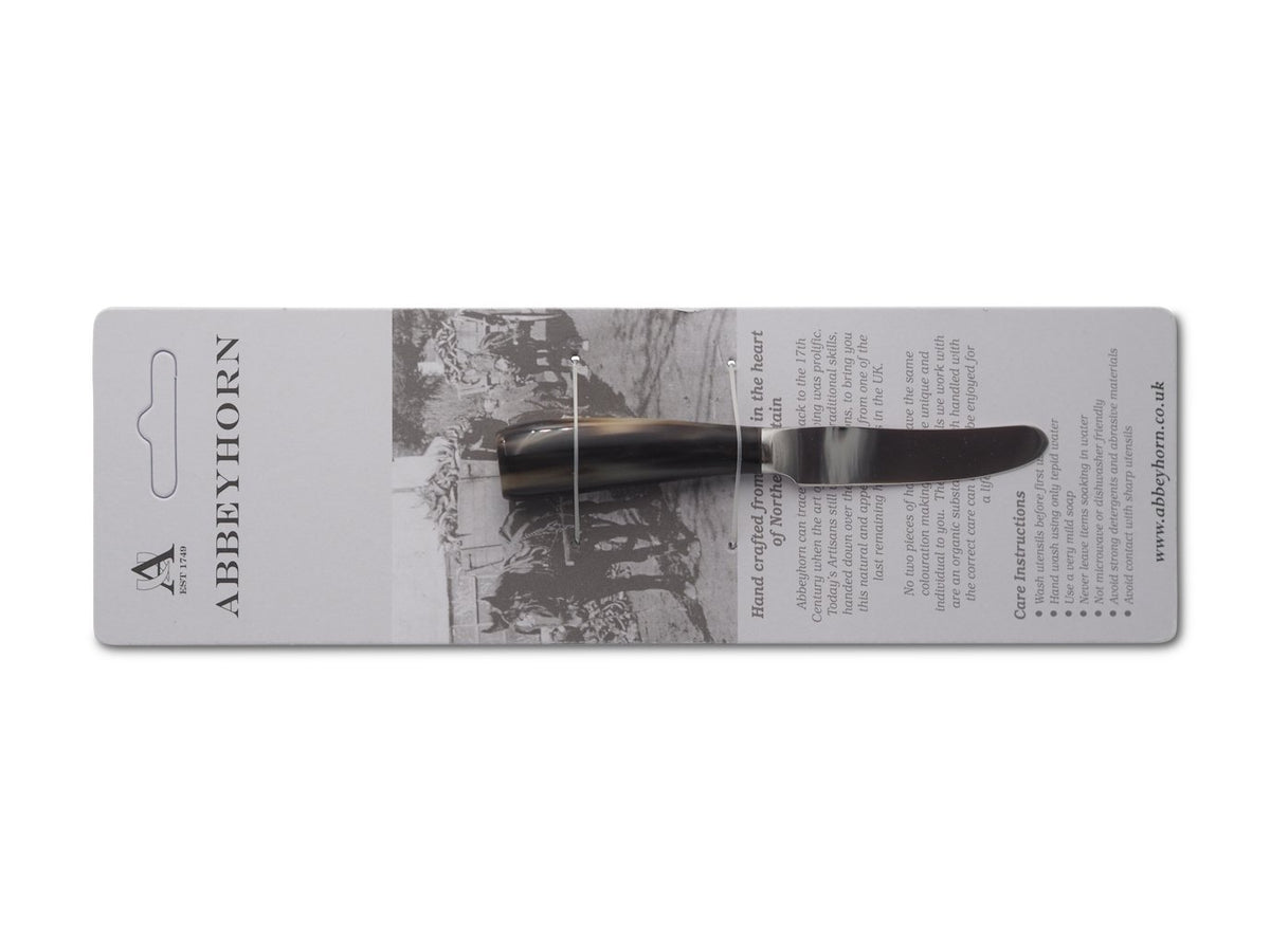 Abbeyhorn butter knife with dark coloured handle in packaging