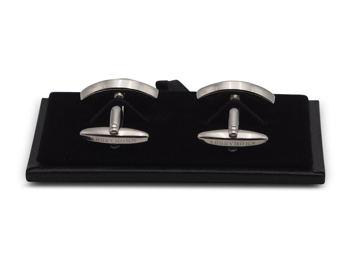 Back view of marquise shaped horn cufflinks showing Abbeyhorn logo