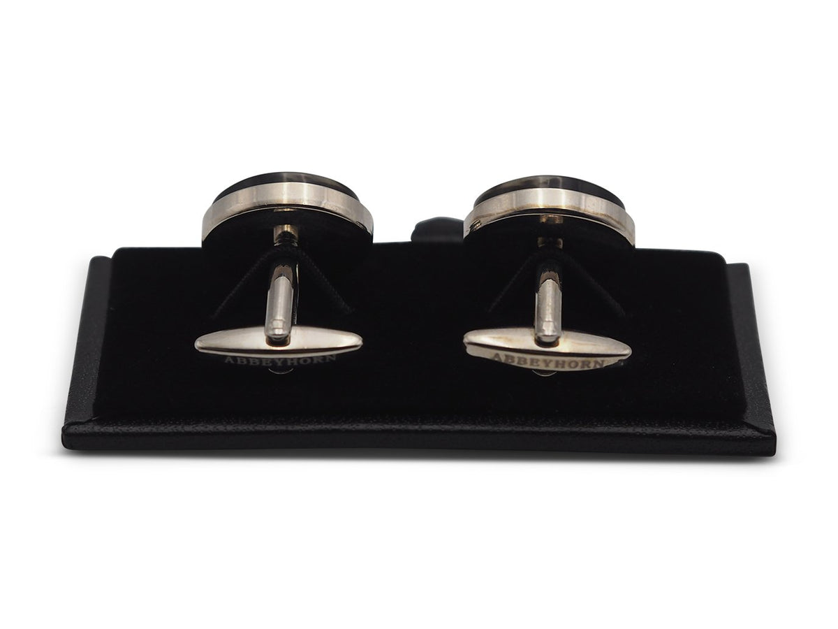 Back view of oval shaped horn cufflinks showing Abbeyhorn logo