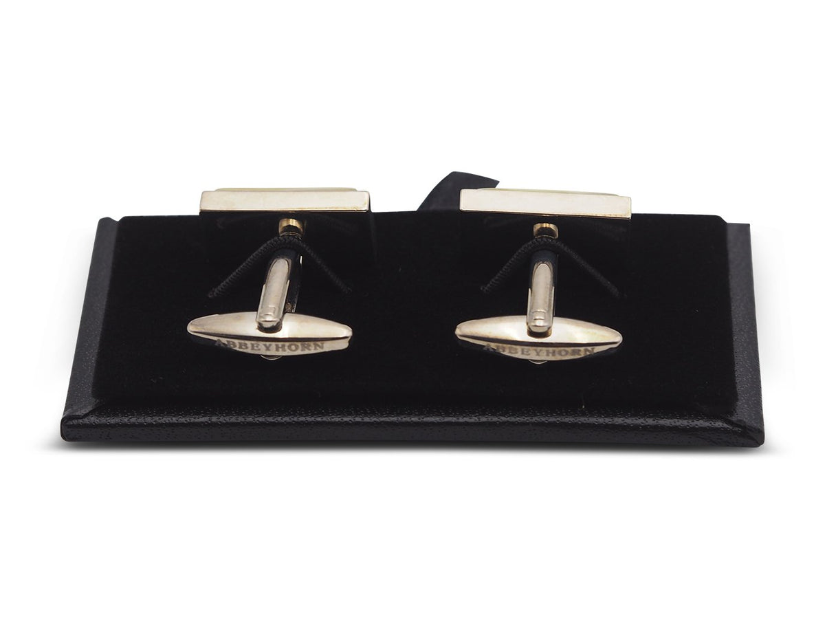 Back view of rectangle shaped horn cufflinks showing Abbeyhorn logo
