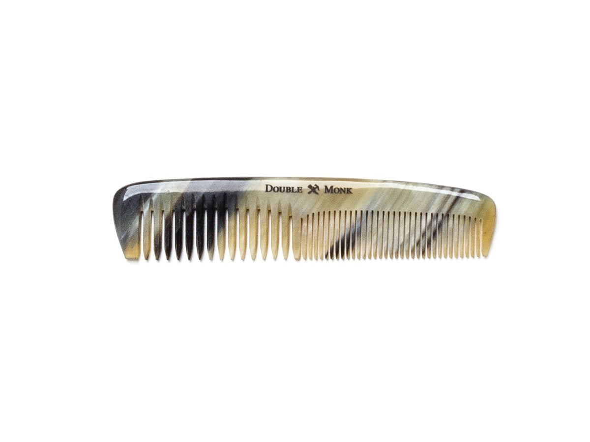 Abbeyhorn pocket sized horn hair comb with light brown and black variations