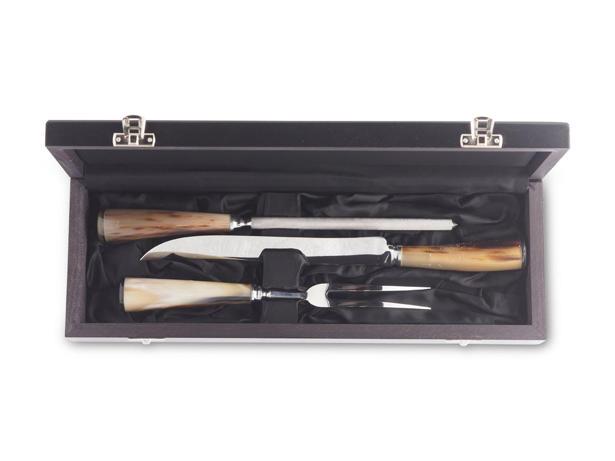 Abbeyhorn carving knife, fork and sharpener with oxhorn handle boxed