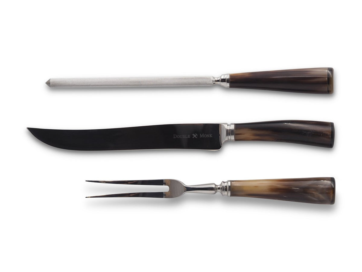 Abbeyhorn carving knife, fork and sharpener with oxhorn handle