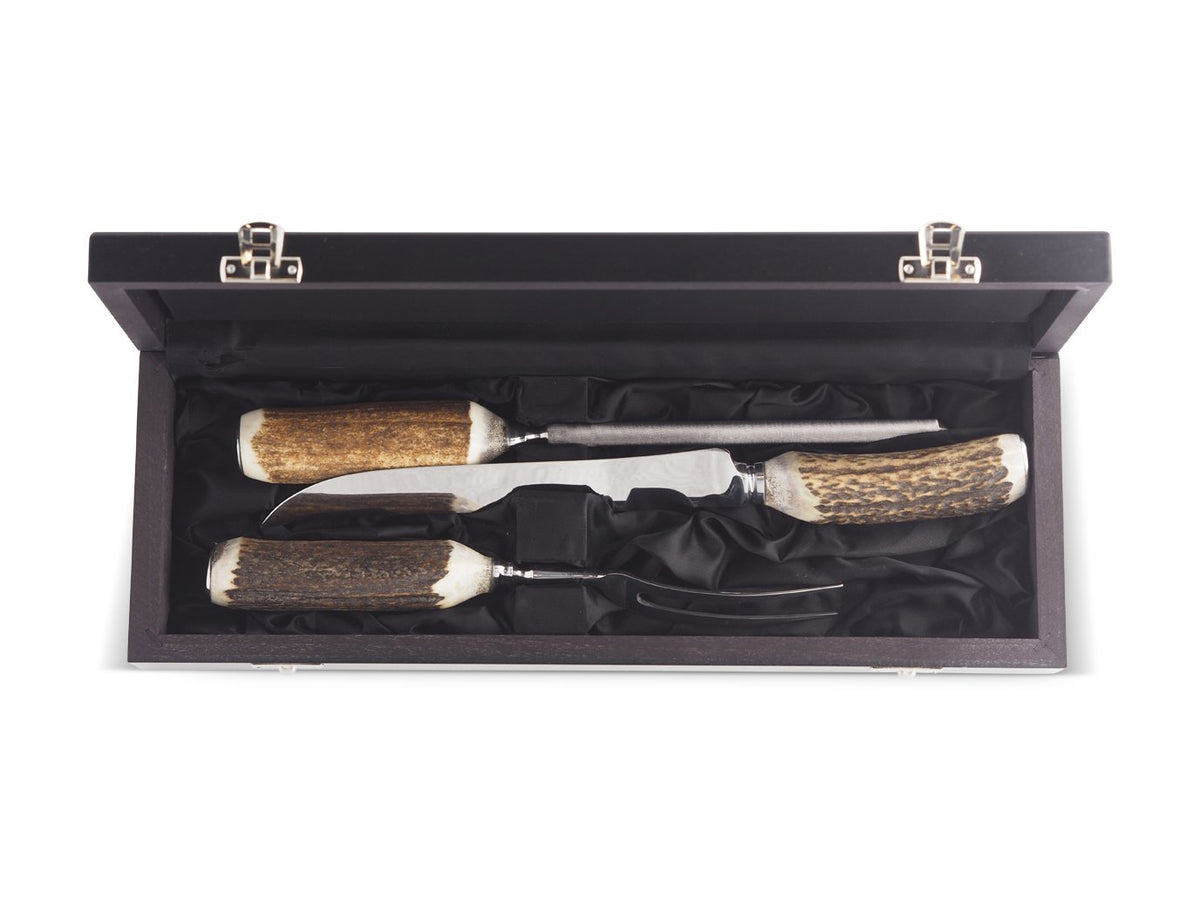 Abbeyhorn carving knife, fork and sharpener with stag horn handle boxed