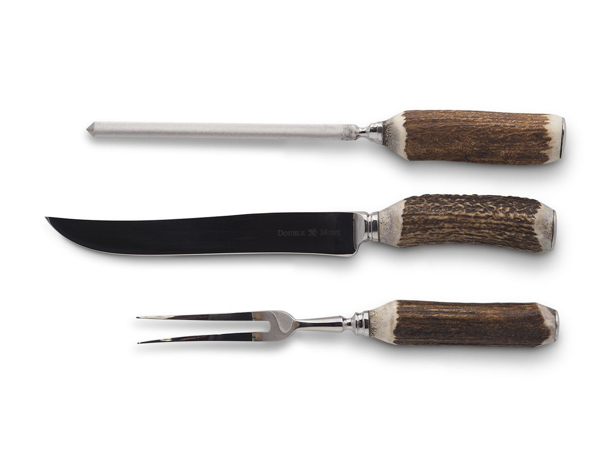 Abbeyhorn carving knife, fork and sharpener with stag horn handle