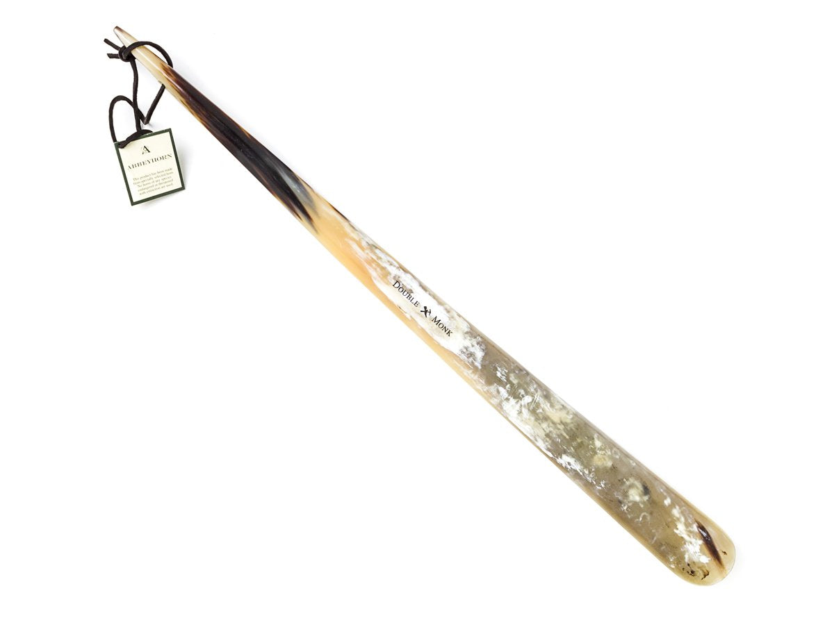 Back view of Abbeyhorn 24 inch tip end shoe horn with dark brown and cream variations