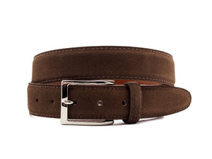 Front view of Alden brown suede belt with nickel buckle