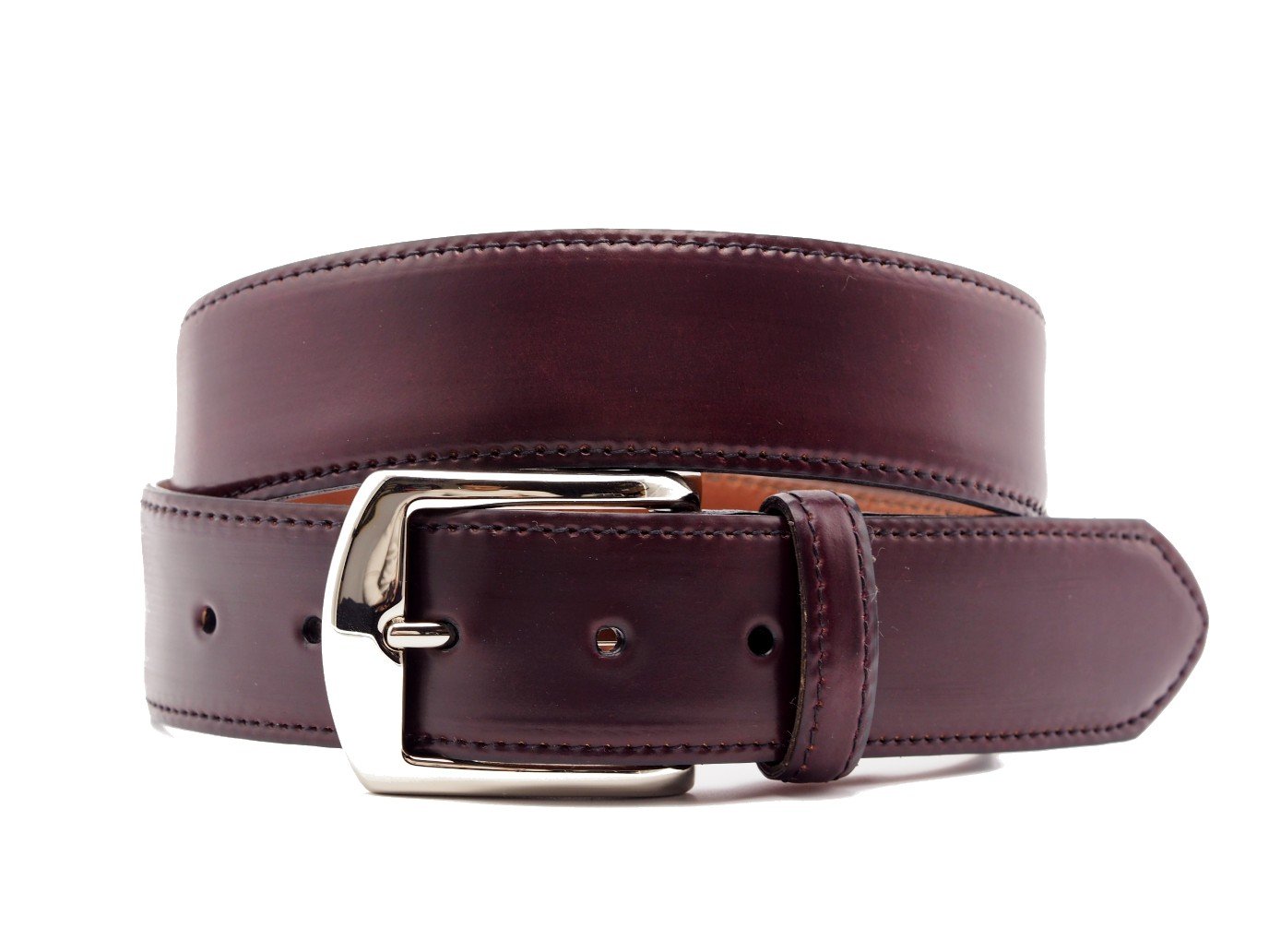 Front view of Alden color 8 shell cordovan belt with nickel buckle