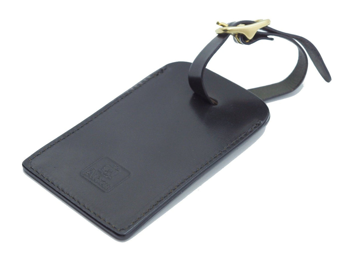 Front angle view of Alden luggage tag in black shell cordovan