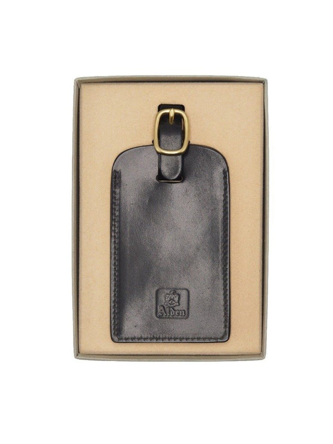 Top view of boxed Alden luggage tag in black shell cordovan