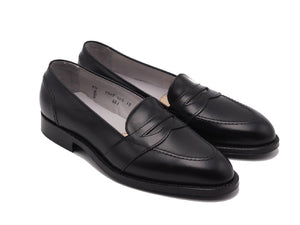 Front angle view of Alden full strap penny loafer in black calf