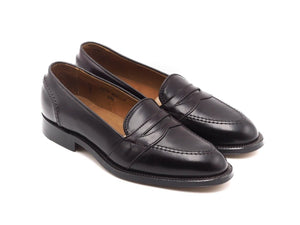 Front angle view of Alden full strap penny loafer in color 8 shell cordovan