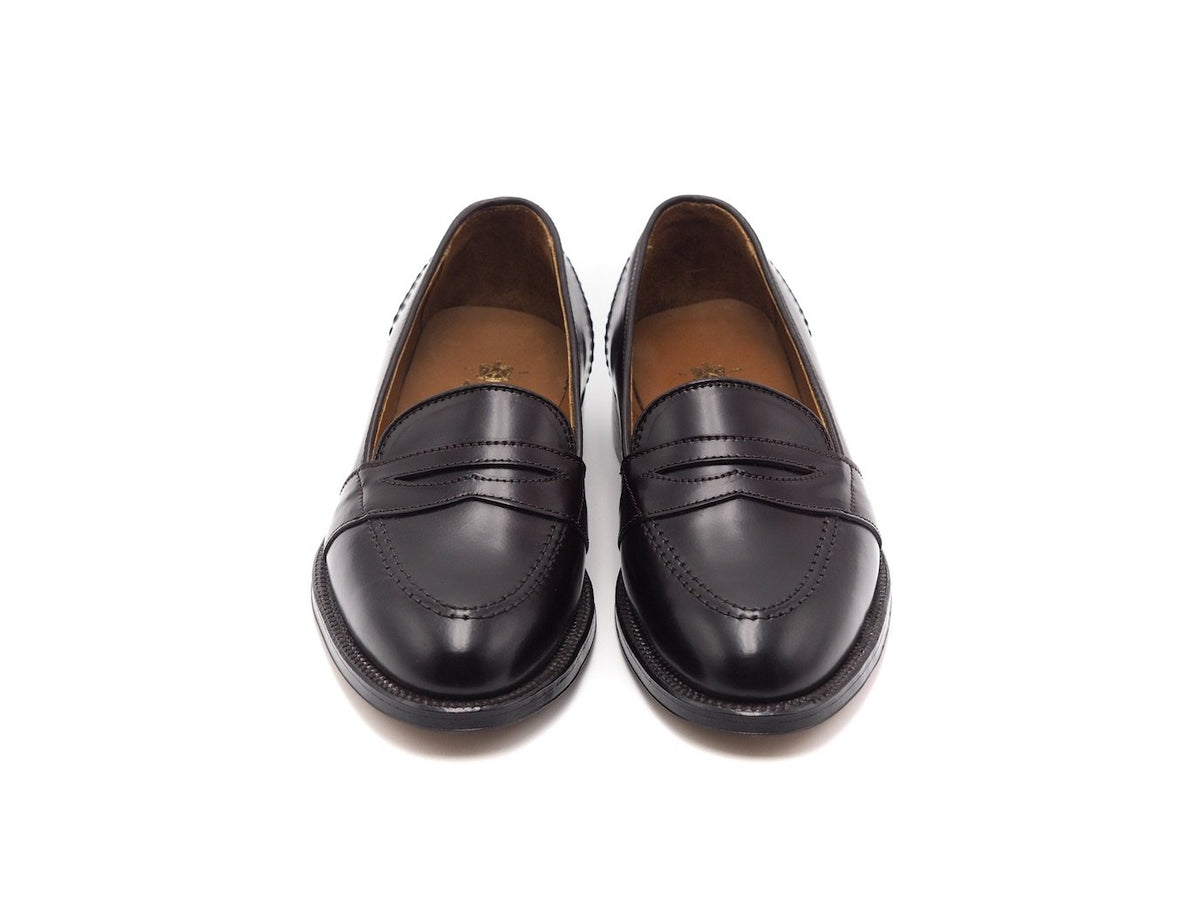 Front view of Alden full strap penny loafer in color 8 shell cordovan