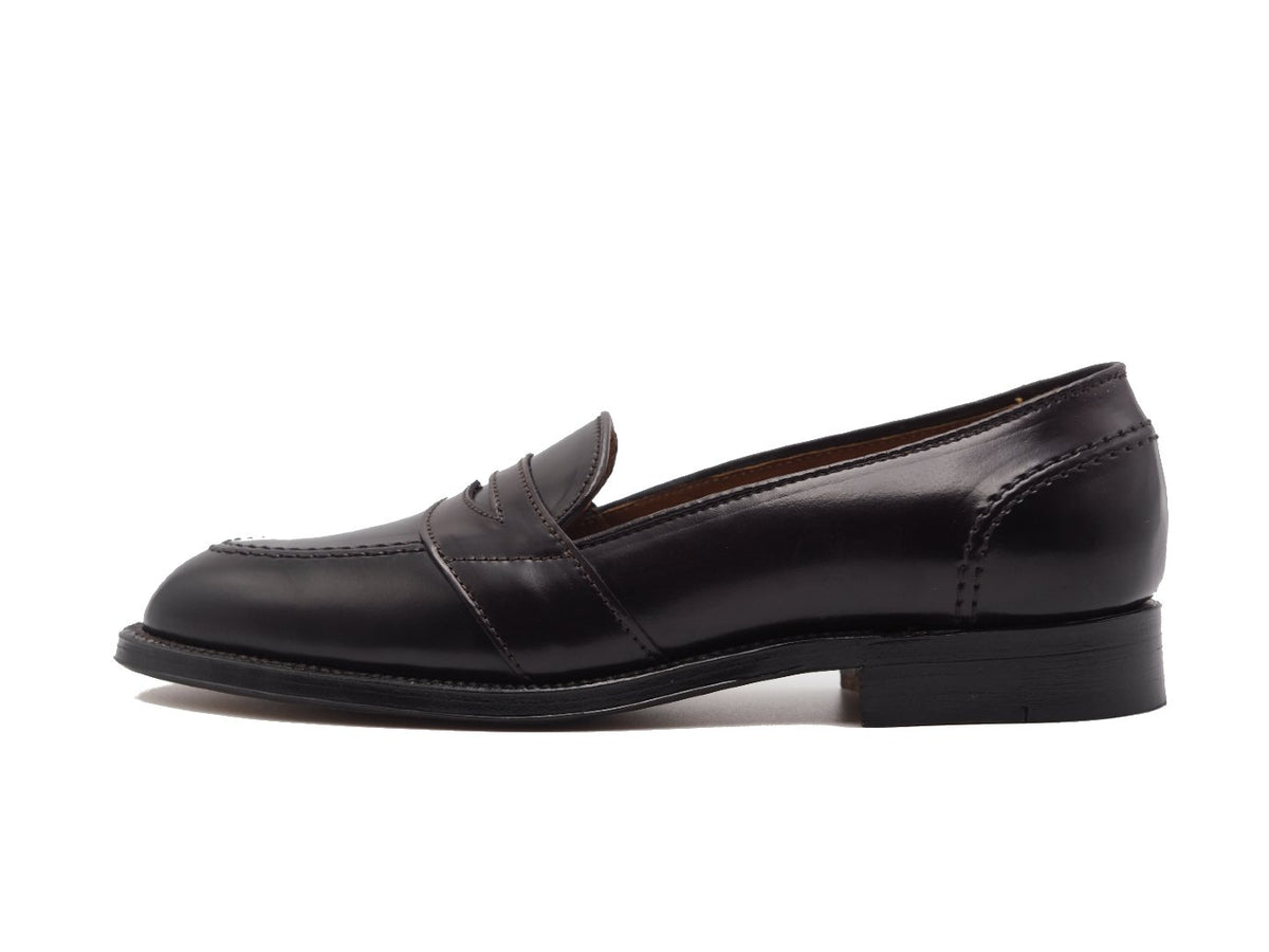 Side view of Alden full strap penny loafer in color 8 shell cordovan
