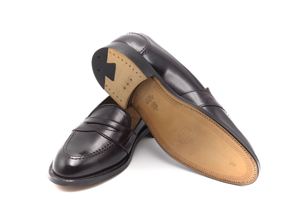 Leather sole of Alden full strap penny loafer in color 8 shell cordovan