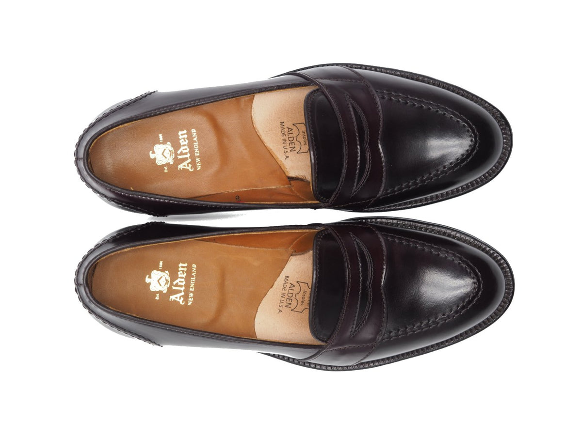 Top view of Alden full strap penny loafer in color 8 shell cordovan