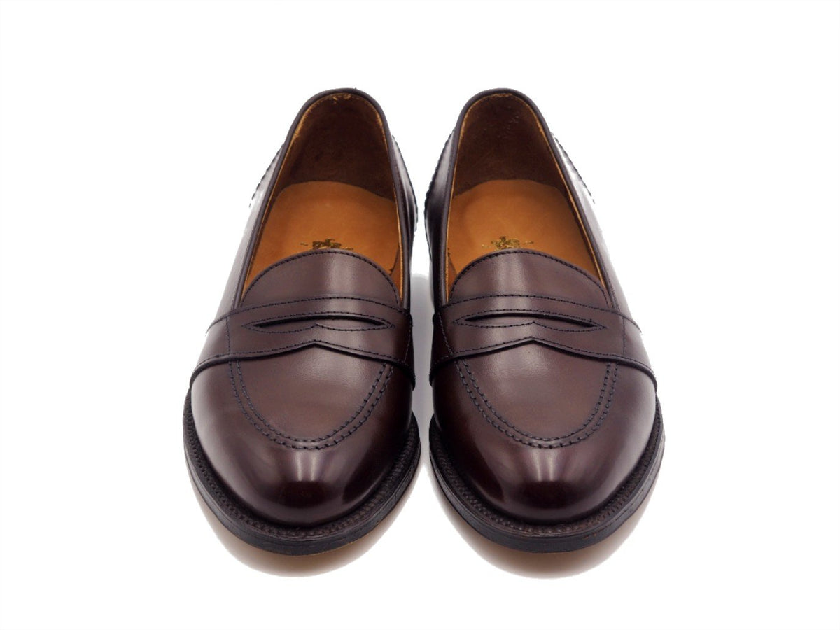 Front view of Alden full strap penny loafer in dark brown calf