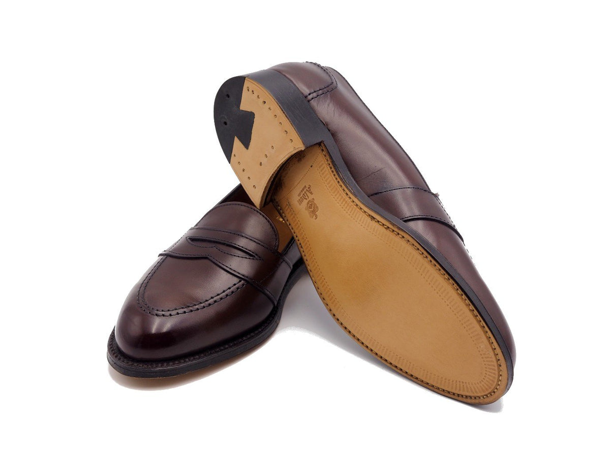 Leather sole of Alden full strap penny loafer in dark brown calf