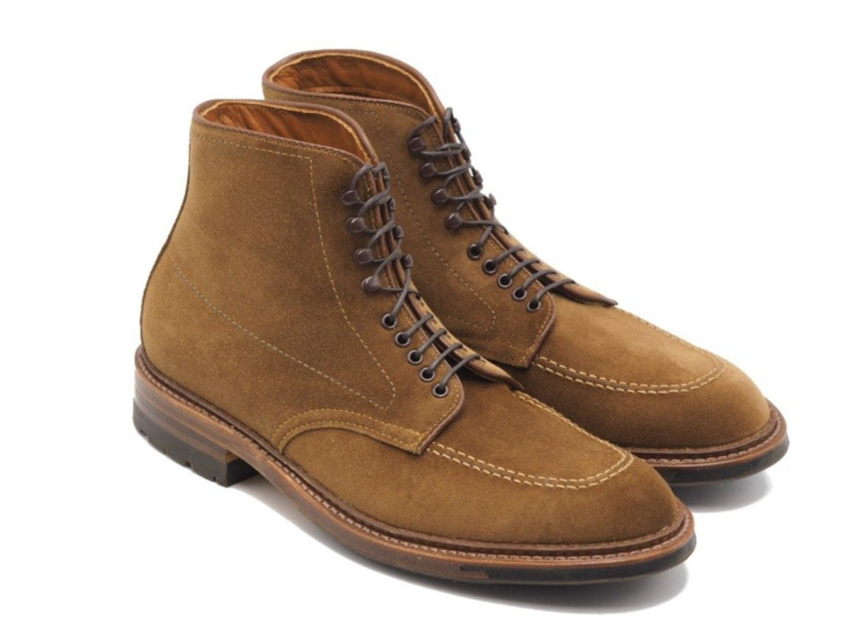 Front angle view of Alden Indy boot in snuff suede with commando sole