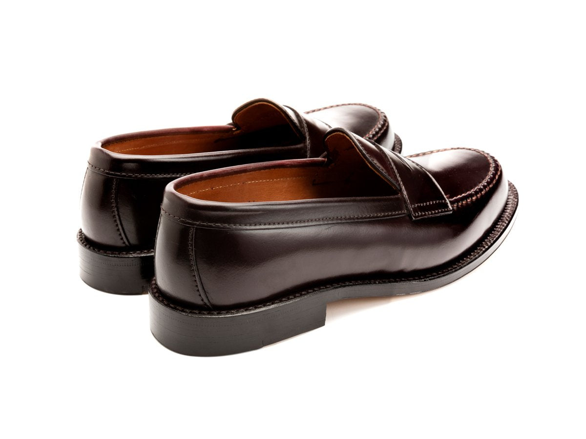 Back angle view of Alden leisure handsewn penny loafer in color 8 shell cordovan