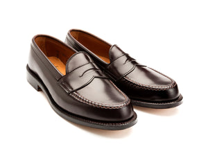 Front angle view of Alden leisure handsewn penny loafer in color 8 shell cordovan