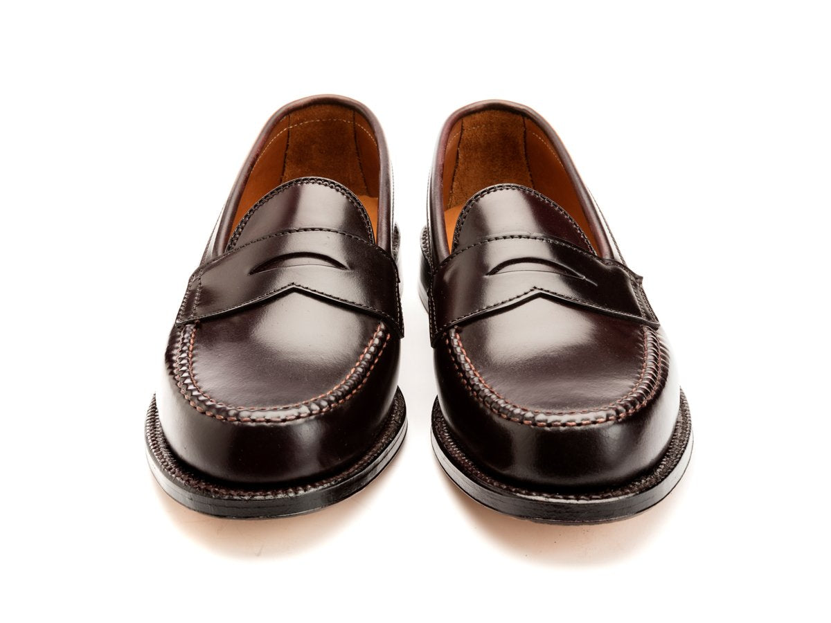 Front view of Alden leisure handsewn penny loafer in color 8 shell cordovan