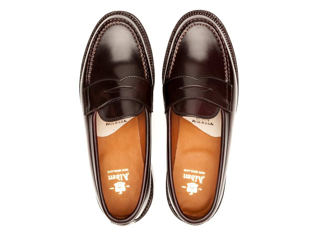 Top view of Alden leisure handsewn penny loafer in color 8 shell cordovan