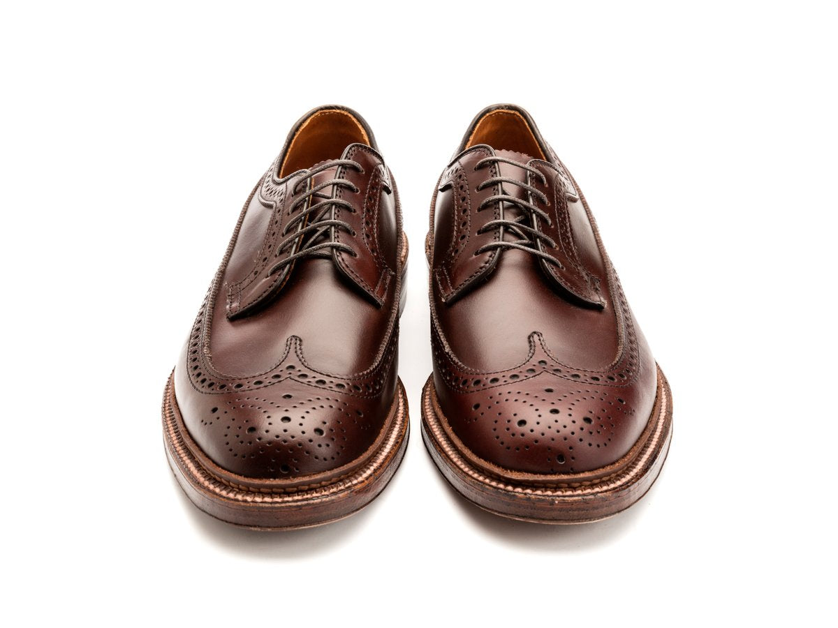 Front view of E width Alden longwing blucher shoes in brown chromexcel