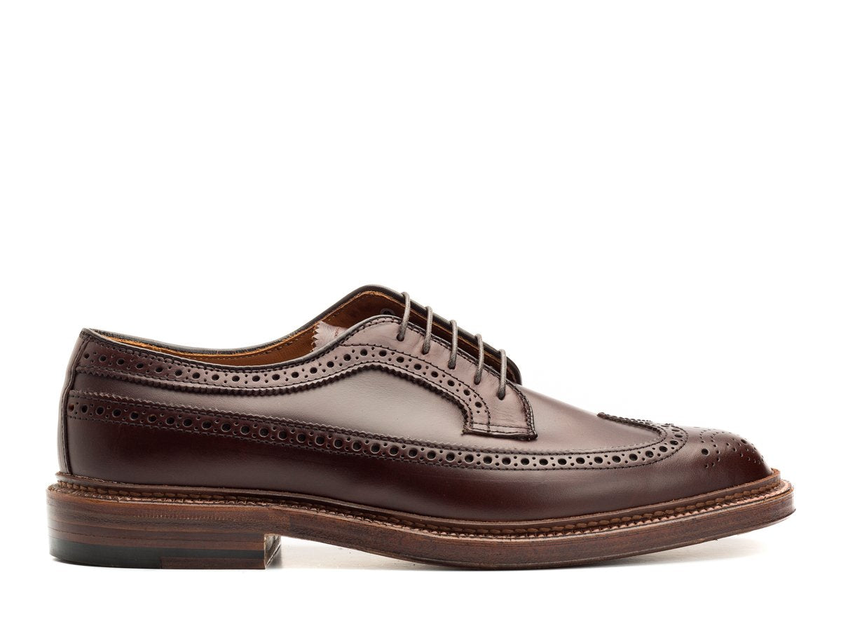 Side view of E width Alden longwing blucher shoes in brown chromexcel