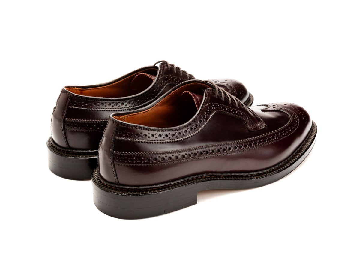 Back angle view of Alden longwing blucher shoes in color 8 shell cordovan
