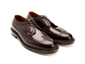Front angle view of Alden longwing blucher shoes in color 8 shell cordovan