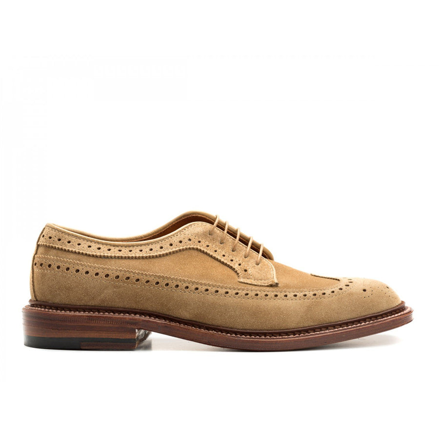 Side view of Alden longwing blucher shoes in tan suede