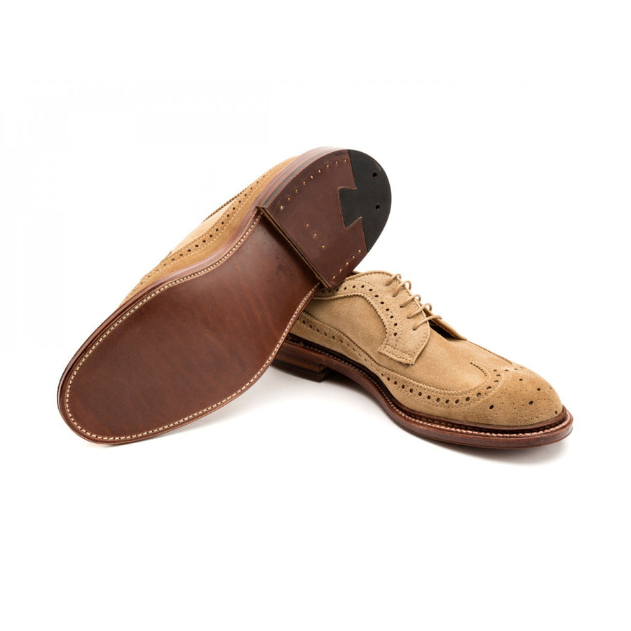Leather sole of Alden longwing blucher shoes in tan suede