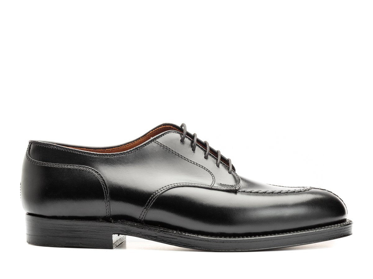 Side view of E width Alden Norwegian split toe blucher shoes in black calf