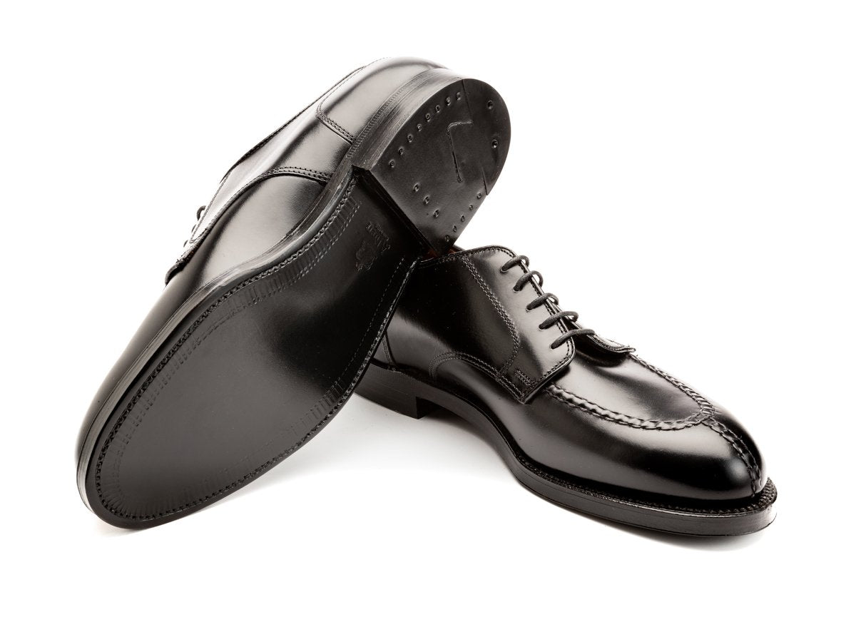 Leather sole of E width Alden Norwegian split toe blucher shoes in black calf