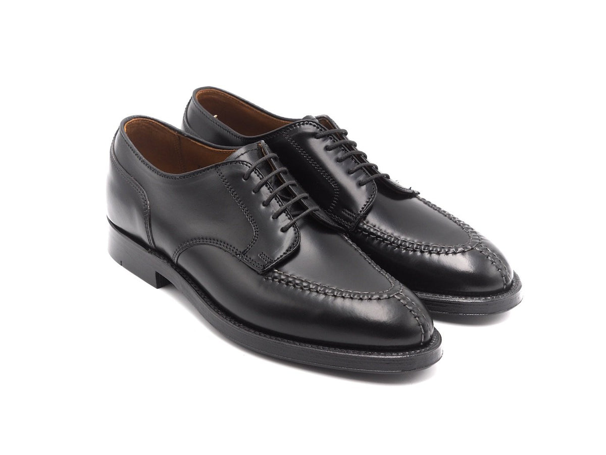 Front angle view of Alden Norwegian split toe blucher shoes in black shell cordovan