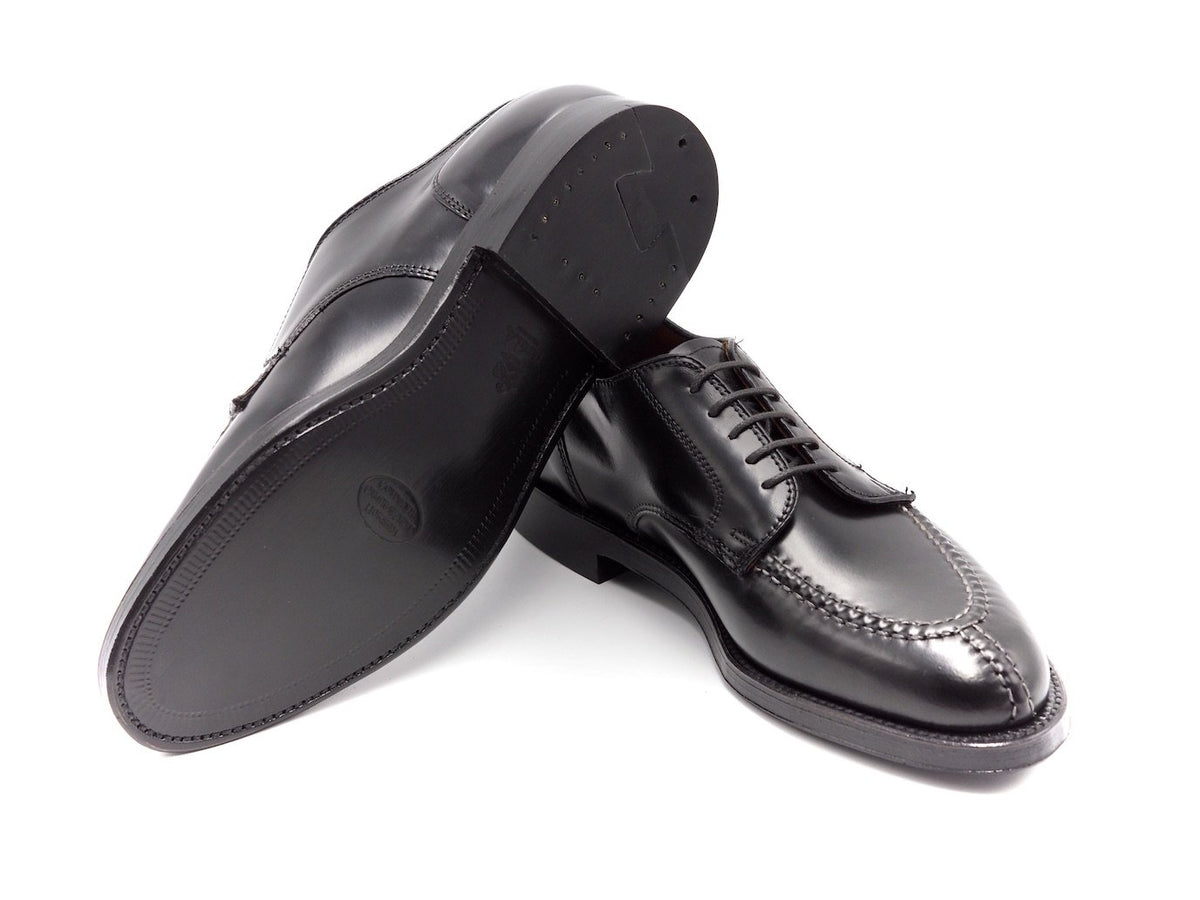 Leather sole of Alden Norwegian split toe blucher shoes in black shell cordovan