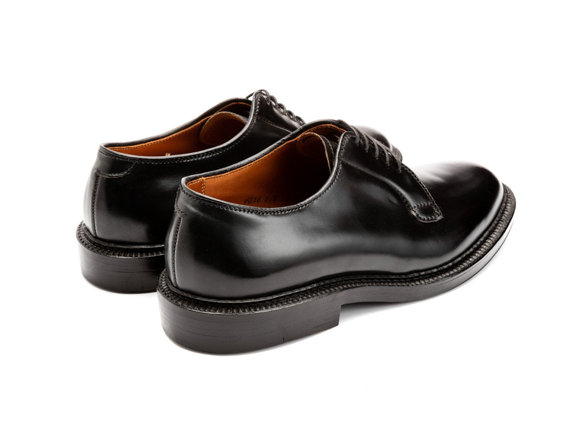 Back angle view of E width Alden plain toe blucher shoes in black shell cordovan