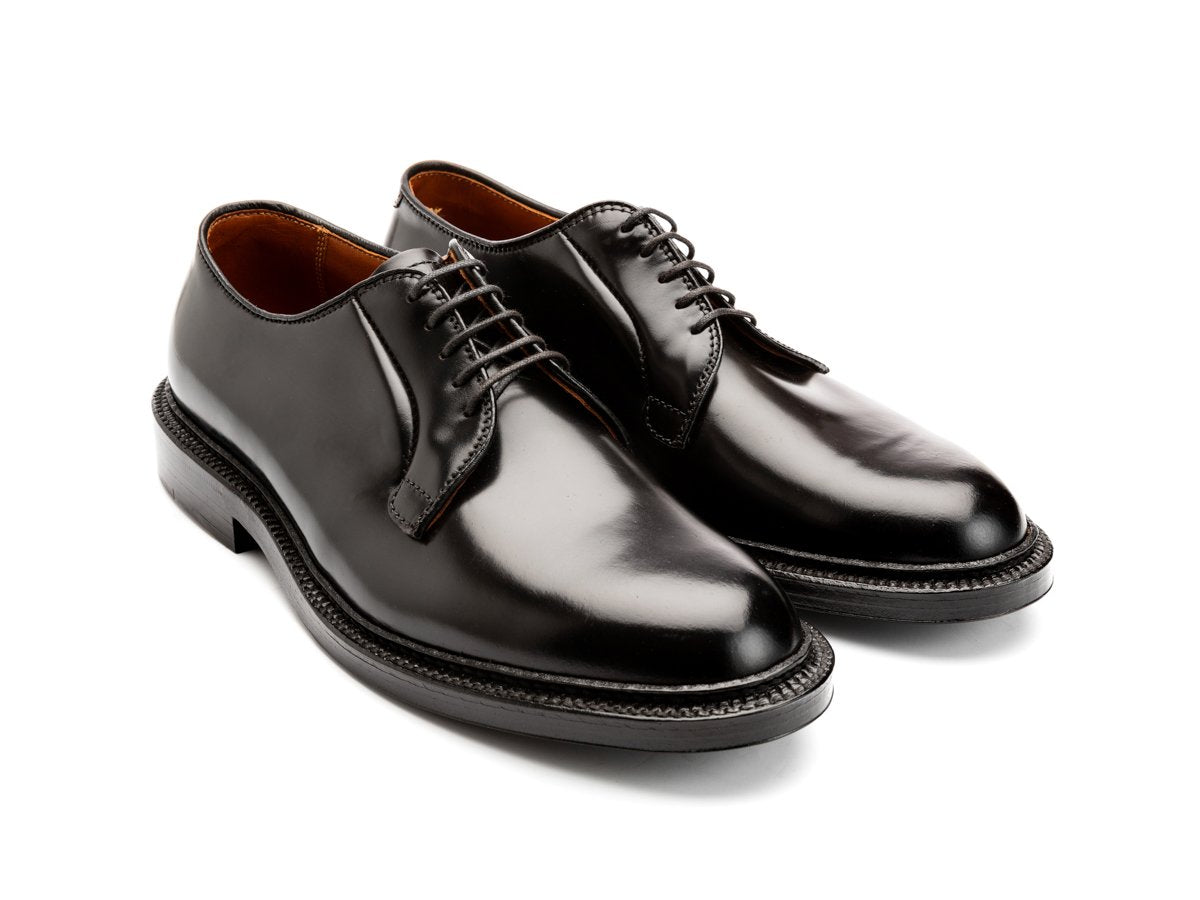 Front angle view of E width Alden plain toe blucher shoes in black shell cordovan